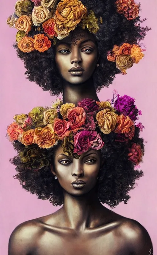 Image similar to surrealism, beautiful black woman with curly hair, holding flowers, hyper realism, muted colours, rococo