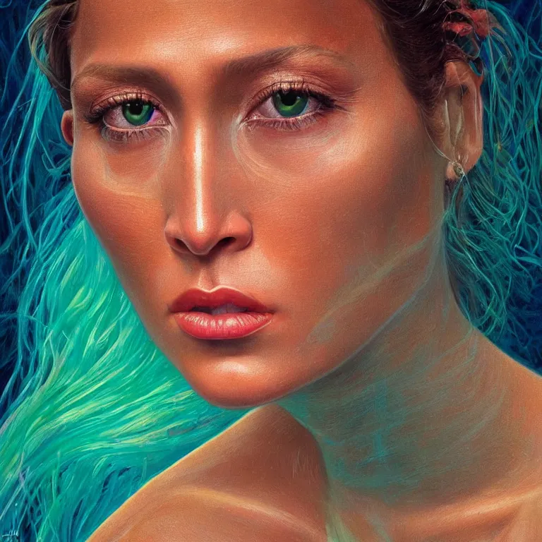 Prompt: Hyperrealistic intensely colored close up studio Photograph portrait of a deep sea bioluminescent Jennifer Lopez, beautiful face realistic proportions, sitting in a lawn chair in her back yard, award-winning portrait oil painting by Norman Rockwell and Zdzisław Beksiński vivid colors high contrast hyperrealism 8k