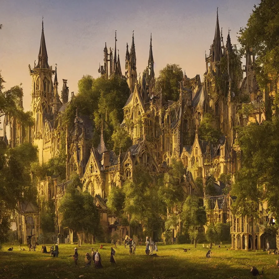 Image similar to a tudor style village in the shadows of an enormous Gothic Revival architecture castle in a lovely meadow at dusk, art nouveau matte painting, highly detailed