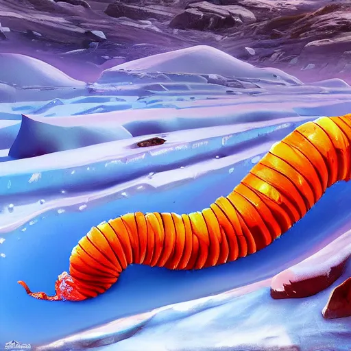 Image similar to giant jello worm in a icy desert, ice, snow, cold, by the tony sart, artstation