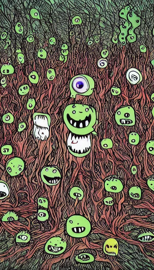 Prompt: a storm vortex made of many demonic eyes and teeth over a forest, by allie brosh