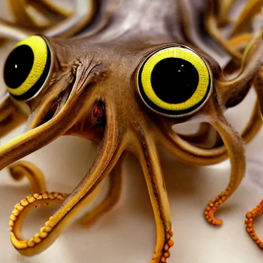 Image similar to a close up of an octopus with two large eyes, a macro photograph by craola, flickr contest winner, mingei, lovecraftian, grotesque, macro photography