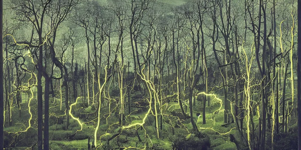 Prompt: a highly detailed color landscape painting of electric forestry by bosch, by giger, by beardsley, lush greenery and lightning bolts coming down from storm clouds in a blue sky