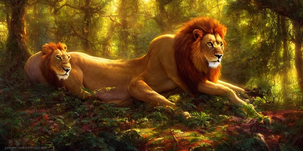 Prompt: lion in the forest, magical energies emanating from it, fantasy art, matte painting, sharp focus, vibrant colors, high contrast, illustration, art by justin gerard