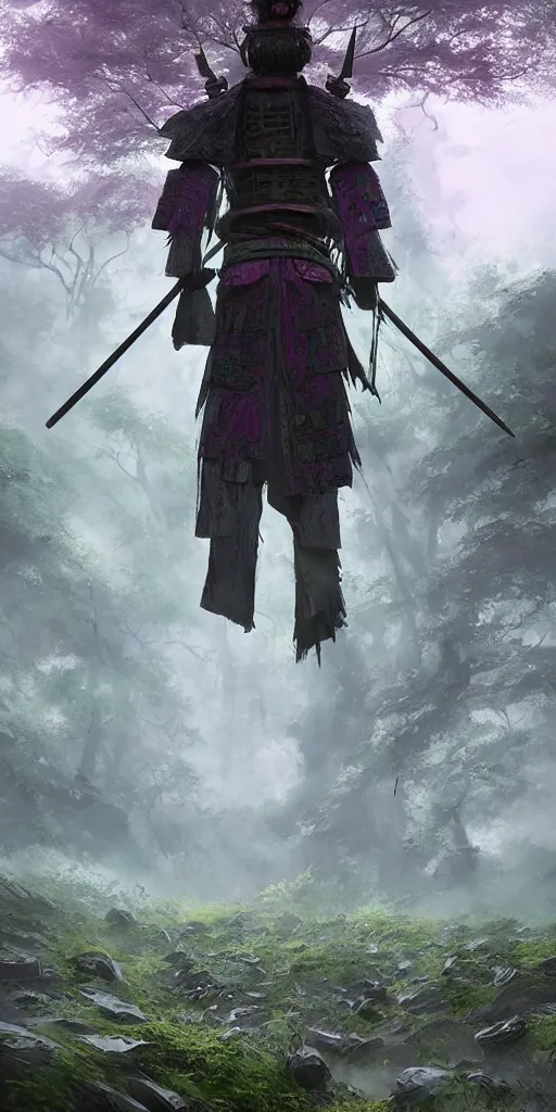 Prompt: a samurai standing in a highly detailed over dimensional green leaves that are not from this world decaying with black vaines, dark fantasy, photorealism, unreal engine, purple hue, sci-fi, by Greg Rutkowski