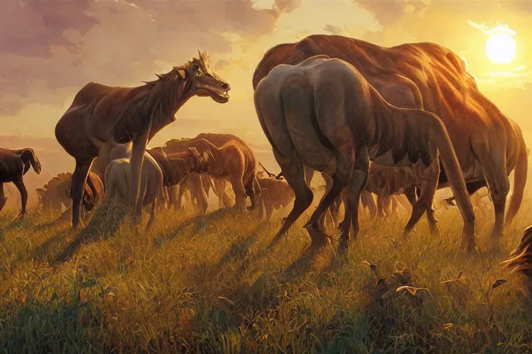 Prompt: a herd of pentasaurus grazing in a warm, sun-filled Savannah at the golden hour, water color, art by artgerm and greg rutkowski and alphonse mucha and jin xiaodi and anthony devine