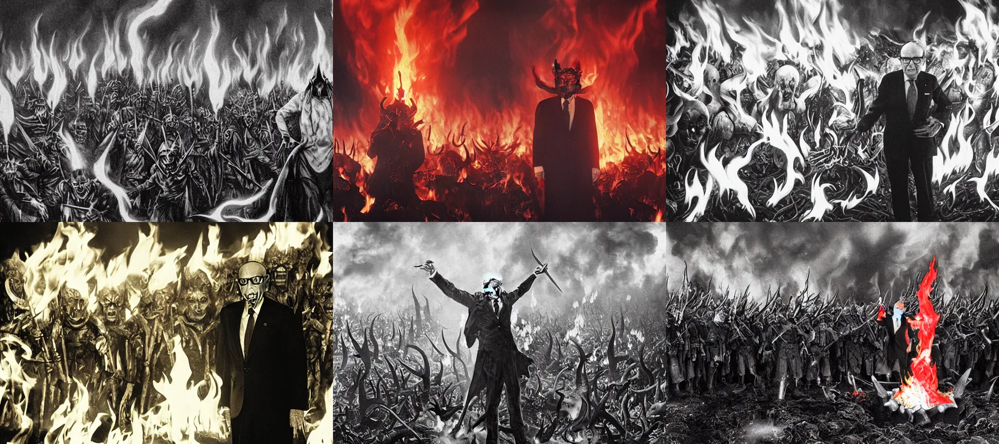 Prompt: Rupert Murdoch as the Devil standing in front of his satanic army in hell, photo realistic, 35mm photograph, fire and flames and smoke, depth of field