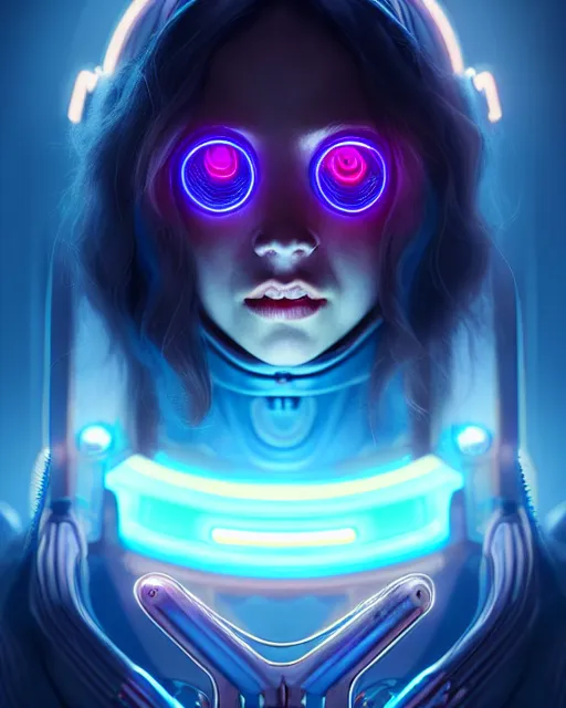 Image similar to one singular portrait of a cute bioluminescent cyborg with glowing eyes, highly detailed, digital painting, cinematic, hyperrealism, dark retrowave, art by stanley lau and artgerm and magali villeneuve and alphonse mucha, artstation, octane render, cgsociety