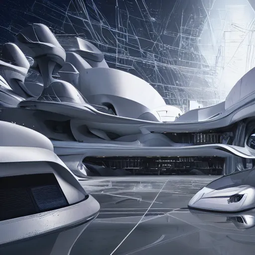 Image similar to sci-fi cars in center and wall near structure on the coronation of napoleon painting and digital billboard in the middle and everything in style of zaha hadid and suprematism forms, unreal engine 5, keyshot, octane, artstation trending, ultra high detail, ultra photo realistic, 8k, 16k, in plastic, dark, tilt shift,