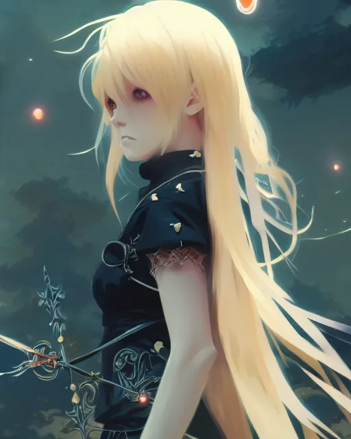 Image similar to blonde haired gothic magical girl anime character screenshot, anime, intricate, sharp focus, illustration, highly detailed, digital painting, clean artstyle, concept art, matte, art by ilya kuvshinov and ruan jia and greg rutkowski, masterpiece