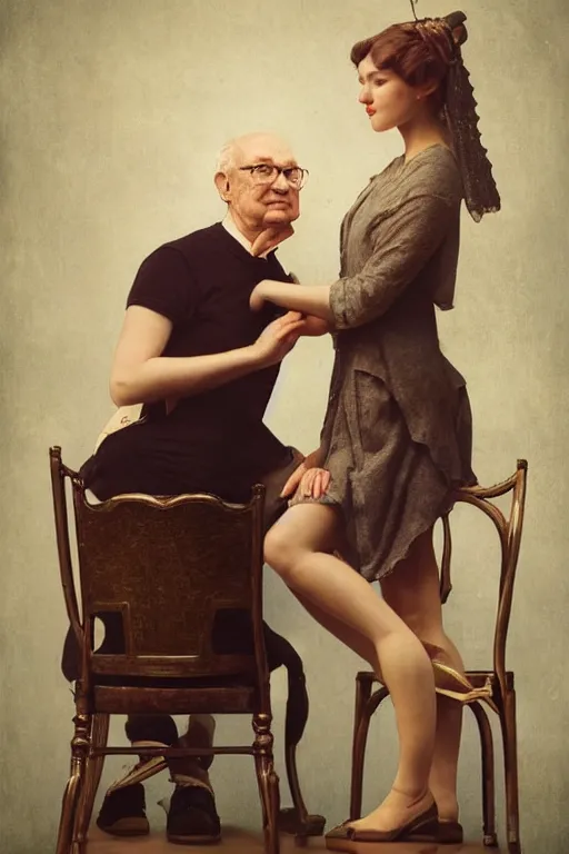 Image similar to a beautiful ultradetailed fine art old vintage couples portrait photo of two people sitting on a chair and standing, by tom bagshaw and zach sutton, couples portrait, vignette, 35mm lens, golden ratio composition, studio photography, very detailed, humanoids, artstation, 8k, highly coherent