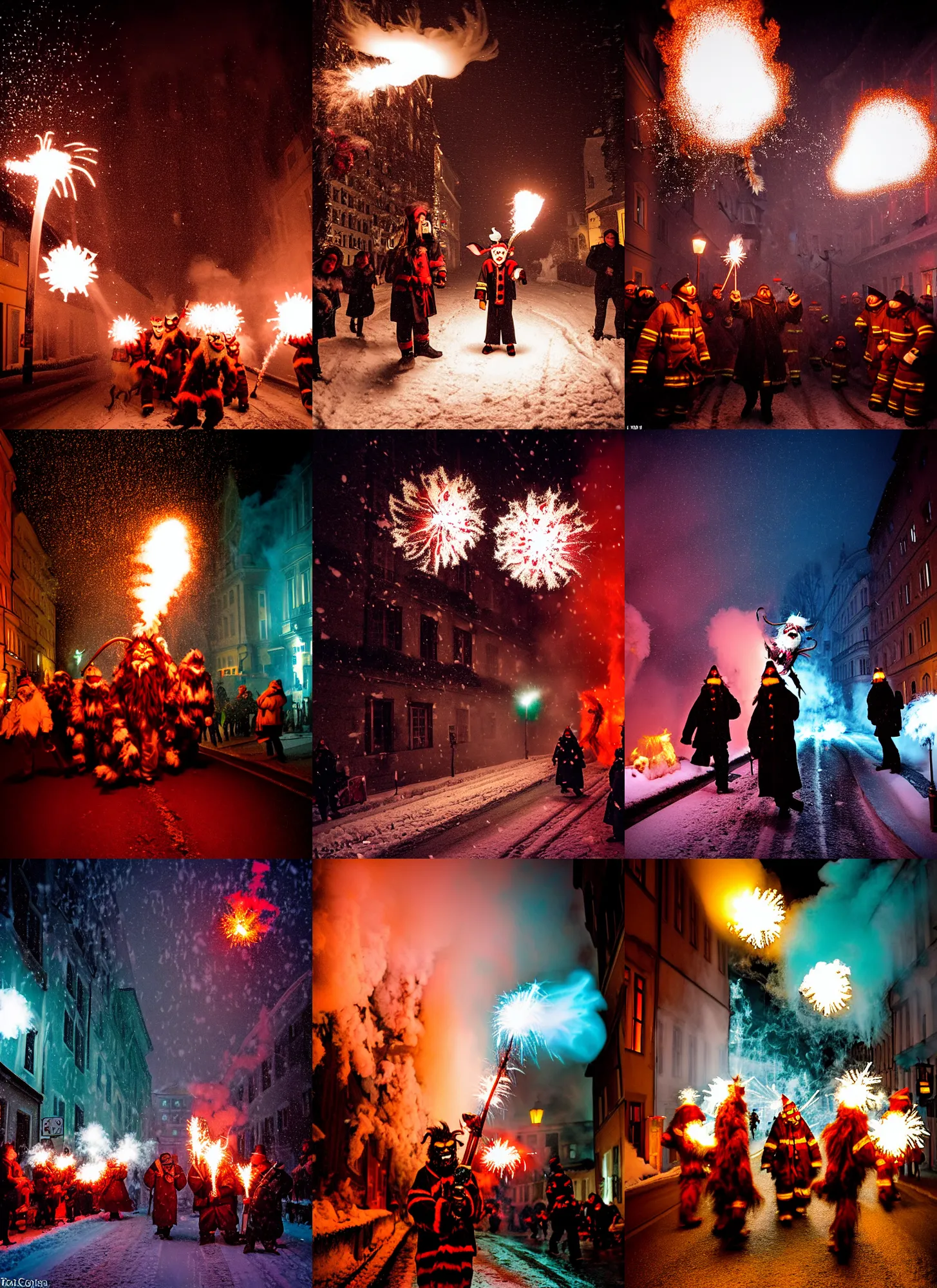 Image similar to kodak portra 4 0 0, winter, snowflakes, hellfire chaos, award winning dynamic photo of a bunch of hazardous krampus between exploding fire barrels by robert capas, motion blur, in a narrow lane in salzburg at night with colourful pyro fireworks and torches, teal lights