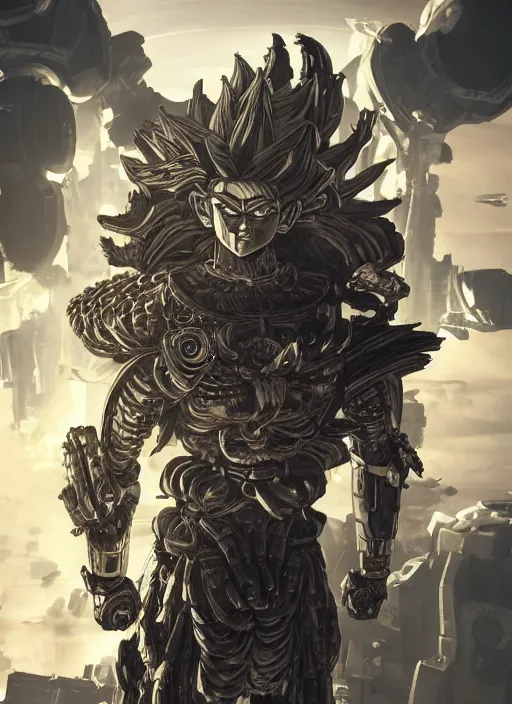 Image similar to high intricate goku with white sci - fi armor and black garment, on space harbor, full shot, maria panfilova, andrea savchenko, mike kime, ludovic plouffe, qi sheng luo, oliver cook, julian calle, eddie mendoza, trending on artstation