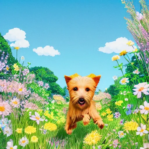 Prompt: A blond Norfolk terrier running and jumping through a field of beautiful flowers in the style of Studio Ghibli, very happy, detailed, award winning