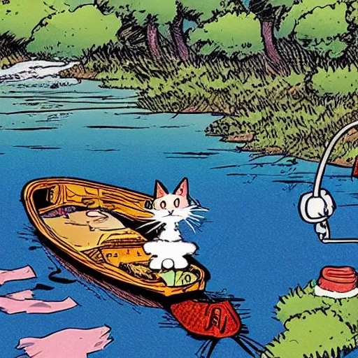 Prompt: cartoon cat fishing in a river while in a boat, cartoon network, illustrated by Bill Watterson in stunning color