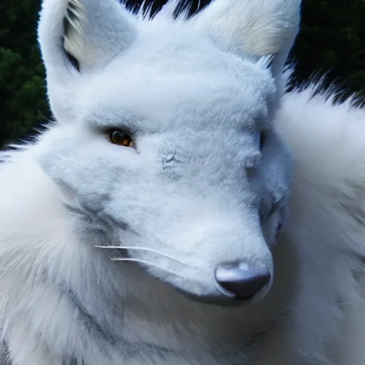 Prompt: white furry dragon with a blue neck mane, 2 grey horns, and fennic fox ears