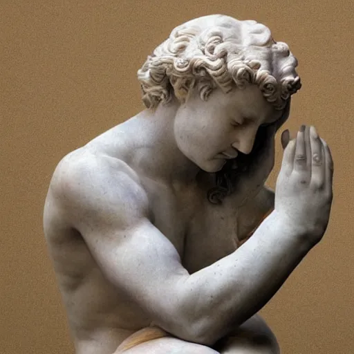 Prompt: photo of a richly detailed marble statue of a facepalming because of his slow laptop by leonardo davinci