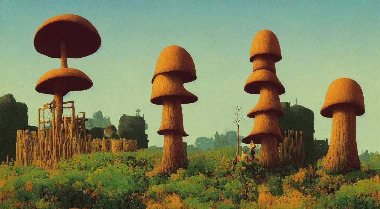 Prompt: single flooded simple mushroom wooden tower, very coherent and colorful high contrast!! masterpiece by rene magritte simon stalenhag carl spitzweg syd mead norman rockwell edward hopper james gilleard, minimalist, dark shadows, sunny day, hard lighting