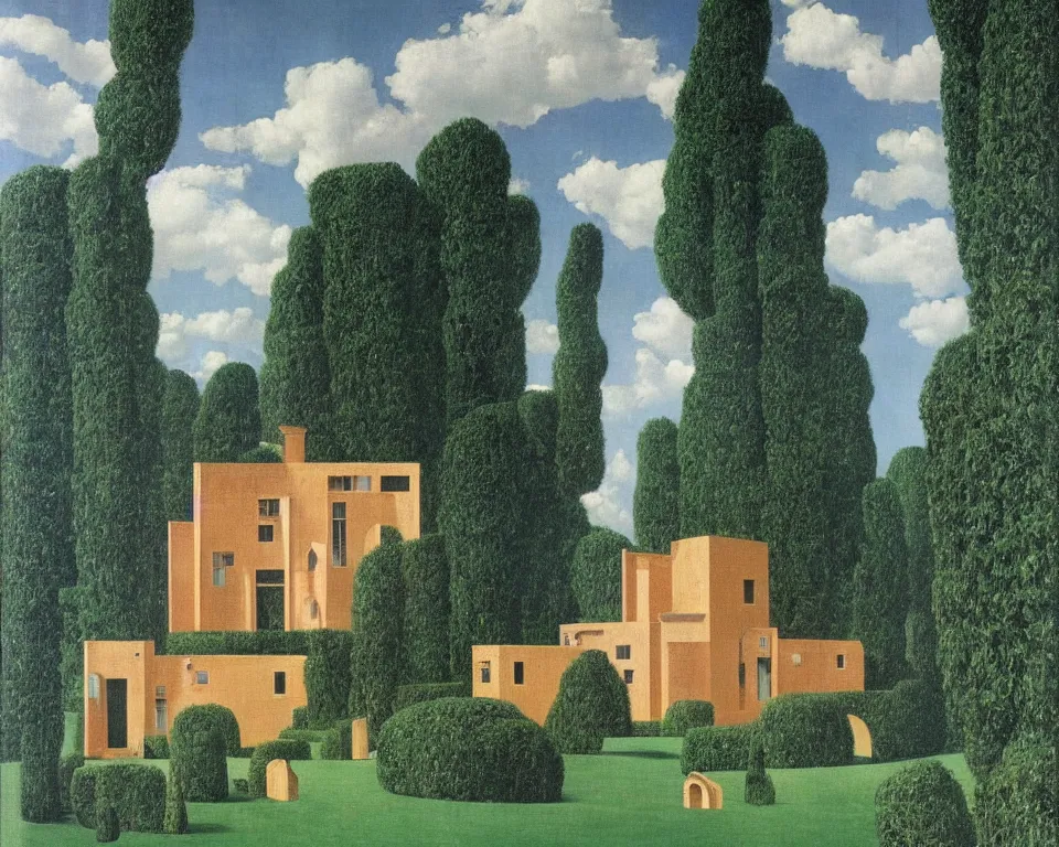 Prompt: an enchanting interstellar villa hidden in the valley time forgot by Rene Magritte and Giovanni Paolo Panini.