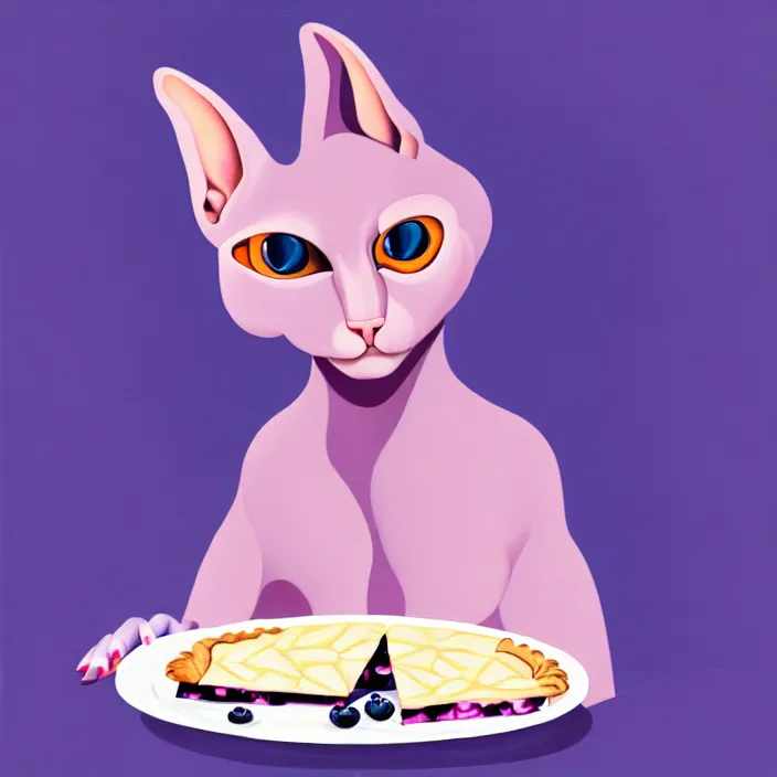 Image similar to an anthropomorphic sphynx cat fursona with big eyes eating a slice of blueberry pie, furry art, cute, minimalist, oil on canvas, soft lighting