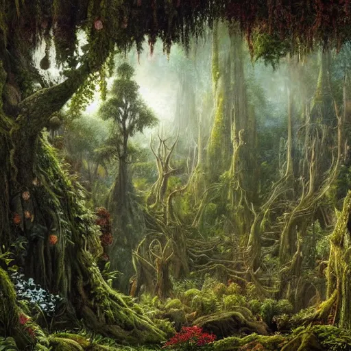 Image similar to a beautiful and highly detailed oil painting of an overgrown elven forest temple in the misty mountains, detailed plants and trees and flowers, intricate details, epic scale, insanely complex, 8 k, sharp focus, hyperrealism, fantasy landscape, psychedelic, by caspar friedrich and james gurney,