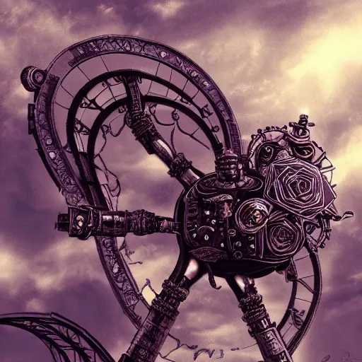 Image similar to giant mechanical rose, city, steampunk, fantasy art, sky in the background, detailed, behrens style