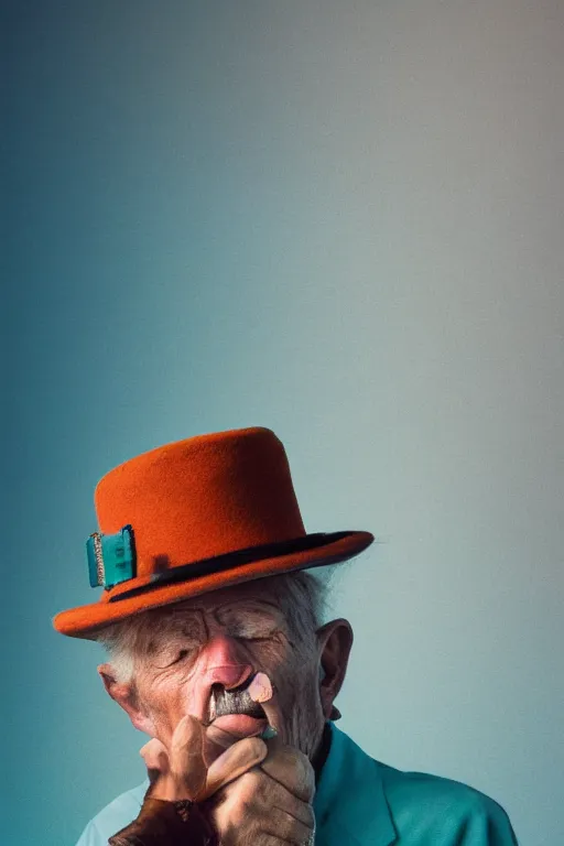 Image similar to insanely moody vaporwave portrait of an old man with hat smoking cigar, motion blurred background, teal and orange colors, vaporwave, photorealism, cinema still, photography, porcelain skin, wrinkles, smooth, volumetric studio lighting, portrait photography, award winning photography, insane details, 8 k high definition, artstation