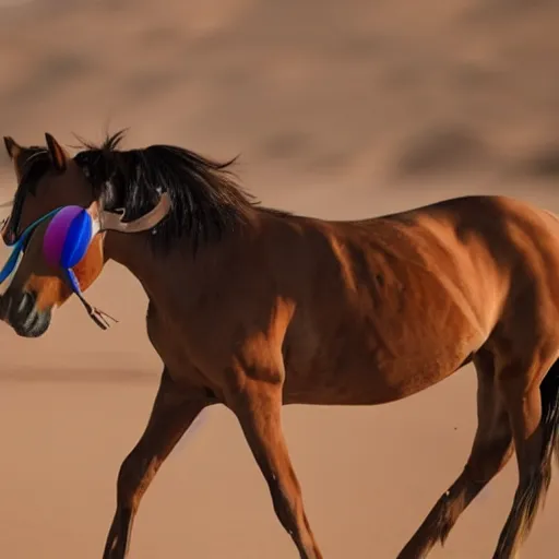 Prompt: a horse with sunglasses runs in the desert