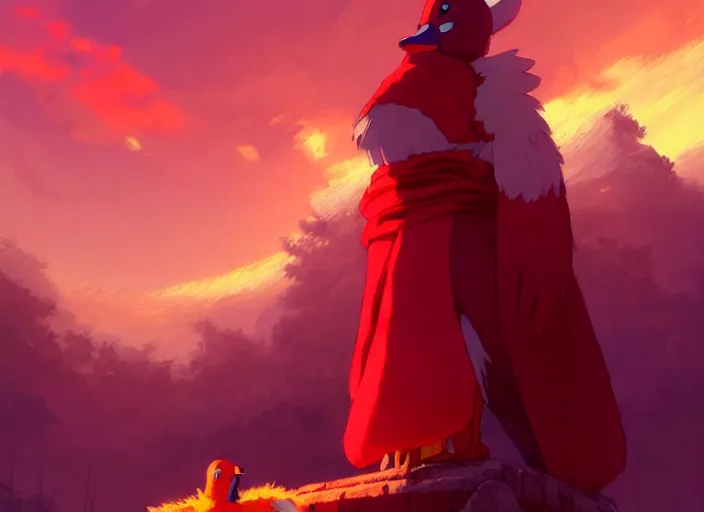 Image similar to cute fluffy mallard duck wearing red cultist robe, sacrificial altar in background, details, fantasy, epic, ancient city, landscape illustration concept art anime key visual trending pixiv fanbox by wlop and greg rutkowski and makoto shinkai and studio ghibli and kyoto animation symmetrical facial features