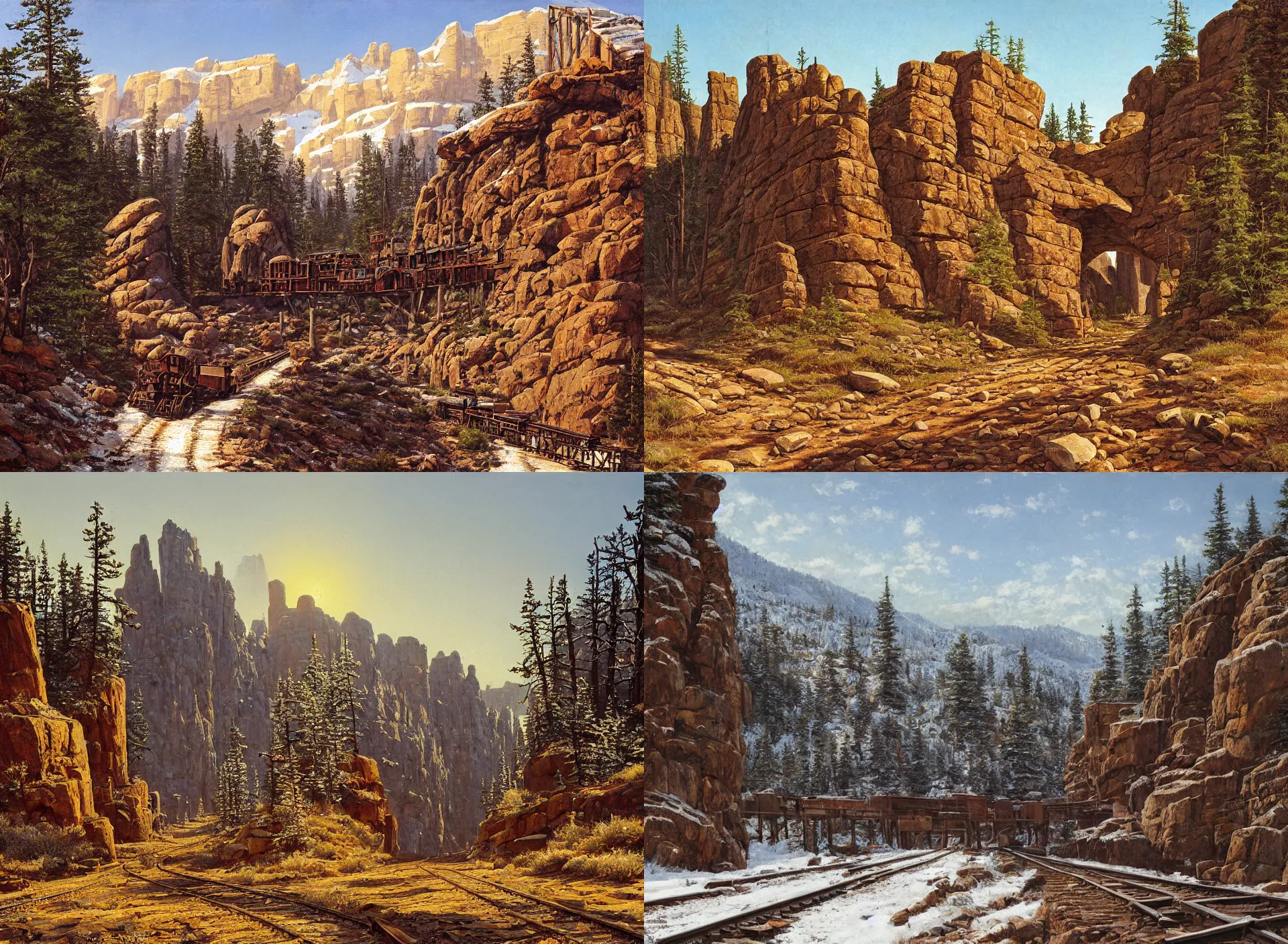 Image similar to entrance to wild west mine, rail tracks lead from the mine, a mine cart sits on the tracks, mine cart, sheer cliffs surround the scene, high elevation, sparse pine forest, dusting of snow, rock arches, long shadows, golden hour, wide angle, oil painting, albert bierdstadt