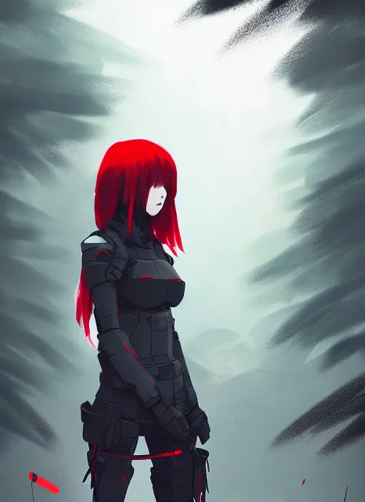 Prompt: red haired japanese girl in light black armor, midfigure front, grey forest background, by ismail inceoglu