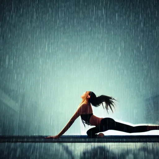 Prompt: a beautiful young girl in a bikini on a yogaball making a model pose in a rainy cyberpunk downtown, full body shot, 4k, hyperrealistic n- 4