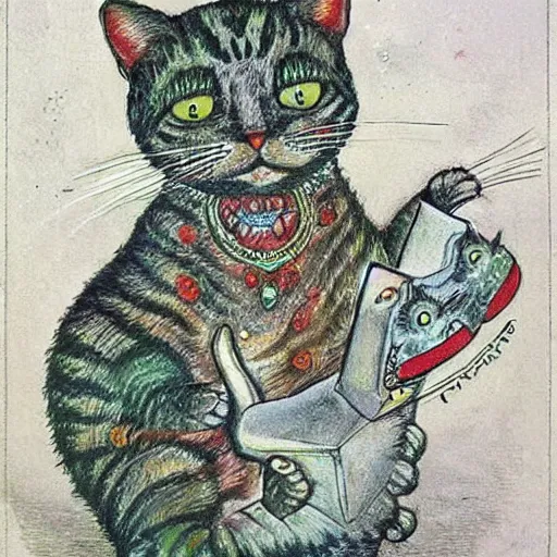 Prompt: a cat mind - controlling a mouse, louis wain, fantasy art