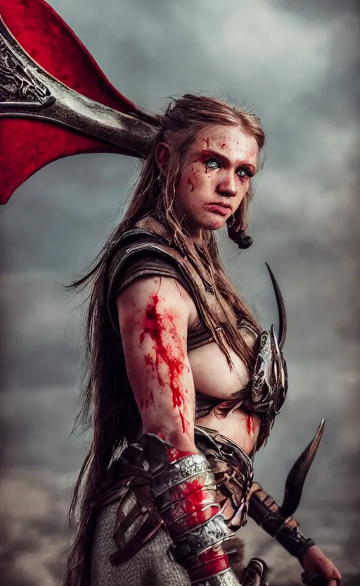 Image similar to photorealistic 3/4 photograph of beautiful female viking warrior, angry with big grey eyes, red tribal warpaint, Frank frazetta, arney freytag, octane, bokeh, 8k, action pose, bloody, cinematic, 28mm