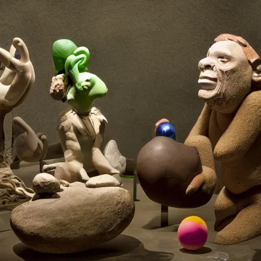 Image similar to a claymation film still of a collection of stone / animism / ethnographic museum / claymation by jeff koons