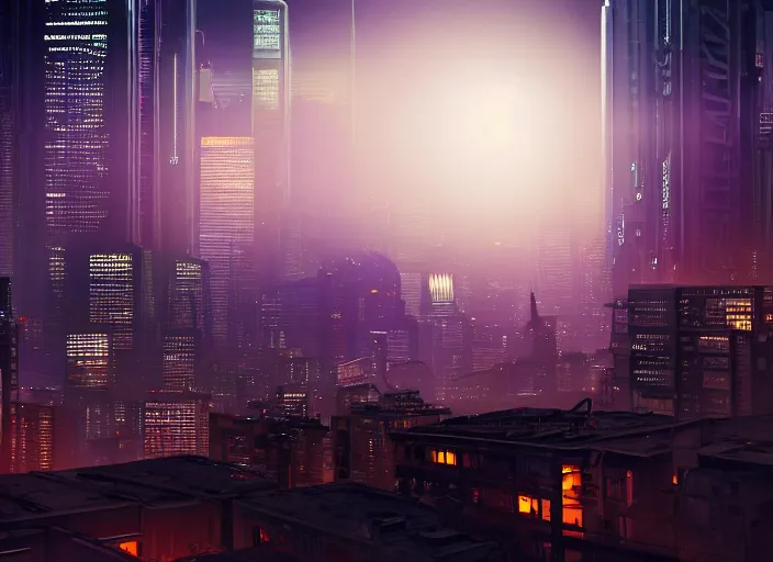 Prompt: cyberpunk scifi scene of san francisco skyline at night, artstation, matt painting, very detailed, maximalism, ambient occlusion, volumetric light, atmospheric haze, unreal engine, hyper realism, realistic shading, cinematic composition, realistic render, octane render, detailed textures, photorealistic, wide shot