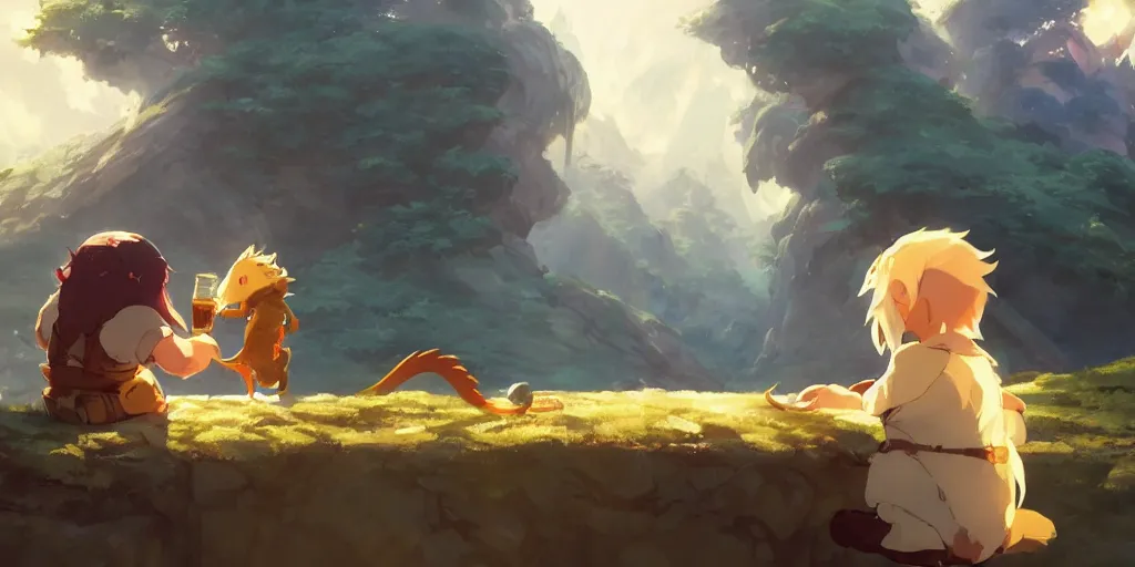 Image similar to a dwarf and his pet dragon drinking a beer together | gapmoe kuudere moody lighting stunning bokeh highlights sharp contrast | trending pixiv fanbox | by greg rutkowski makoto shinkai takashi takeuchi studio ghibli