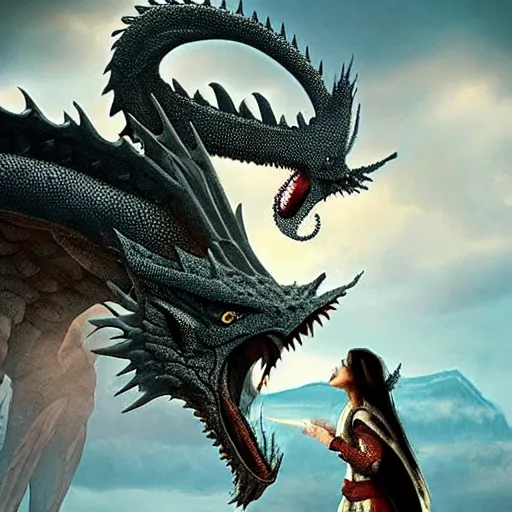 Prompt: A knight kissing a dragon. Detailed amazing wellmade movie still