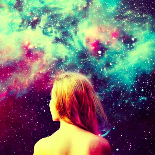 Prompt: analog photograph of a beautiful woman seen from behind, looking at deep space, detailed clouds, nebula, planets, galaxies, warm azure tones, red color bleed, film grain