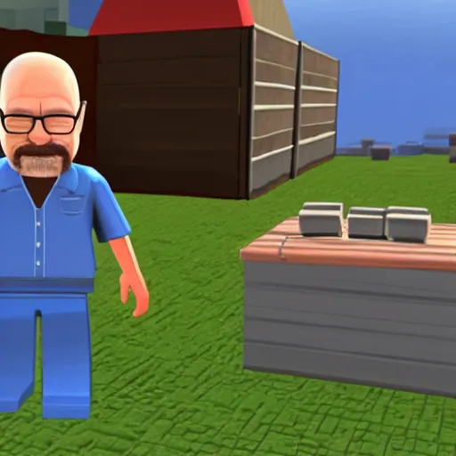 Prompt: A screenshot of Walter White being caught selling meth on roblox