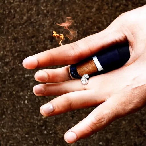 Image similar to normal man's hand with five fingers and a ring and a cigarette between the fingers