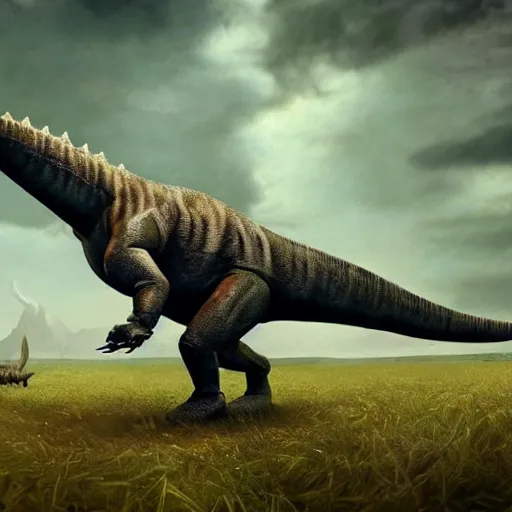 Prompt: Majestic dinosaur striding through field, eerie, lovecraftian, moody, concept art, cinematic