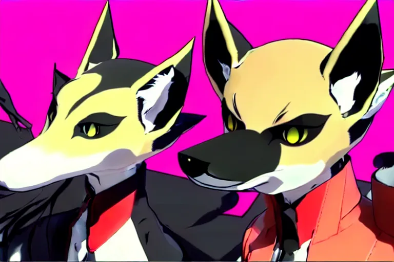 Image similar to in the persona 5 : royal ( by atlus ) video game casino level, a furry male sandcolored tan fox fursona ( has hair ), persona 5 phantom thief style