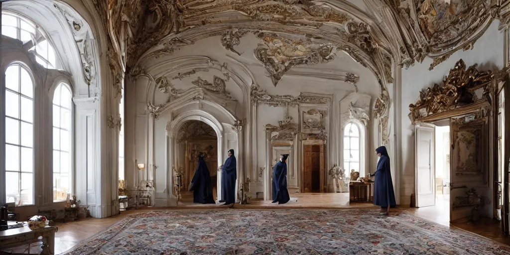 Image similar to Batman standing in giant Italian modern castle living room, clean minimalist design, that is 1300 feet tall, with very tall giant walls filled with modern art paintings, doors that are cosmic portals, photo by Annie Leibovitz