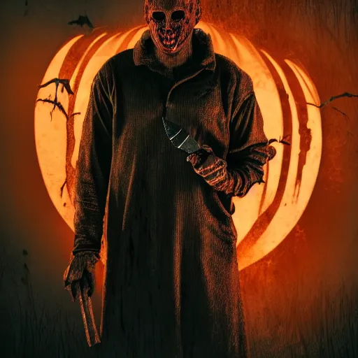Image similar to photorealistic, textured 3 d, horror movie halloween, dark fantasy, liminal space, michael myers holding large knife with blood dripping from it, 4 k