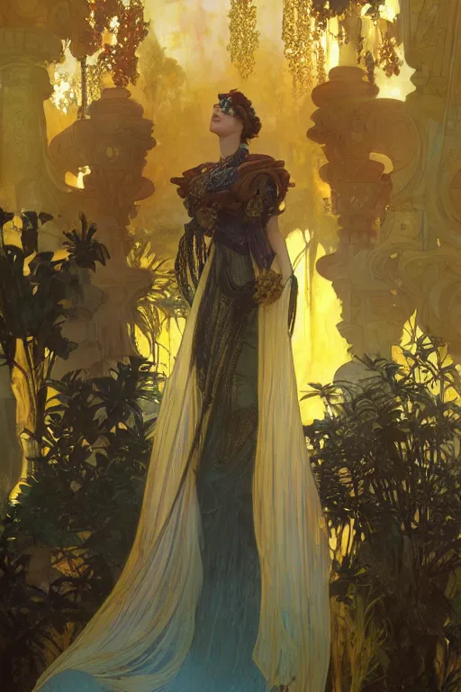 Prompt: a girl emperor being escorted by shadow guards wears long golden flowing robes, an ostentatious palace and garden are seen in the background. by jeremy mann and alphonse mucha, fantasy art, photo realistic, dynamic lighting, artstation, poster, volumetric lighting, very detailed anatomy and faces, 4 k, award winning