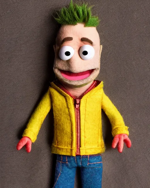 Image similar to jesse pinkman as a muppet. highly detailed felt. hyper real photo. 4 k.