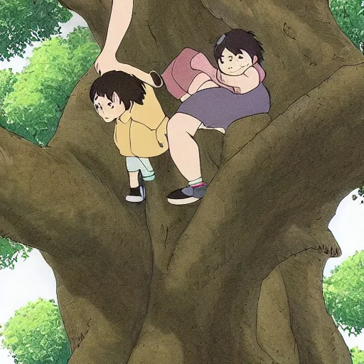 Image similar to gabriel boric over a tree made by studio ghibli, detail, high quality, detailed, beautiful scene, smooth