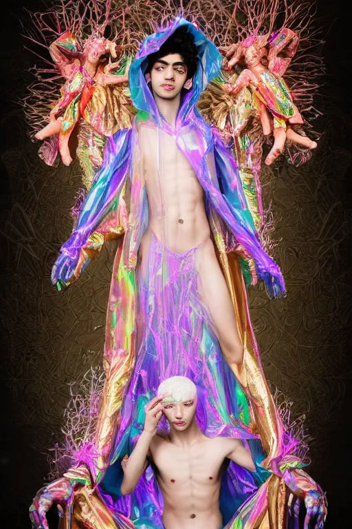 Prompt: full-body rococo and cyberpunk delicate neon crystalline sculpture of ((muscular slender albino prince Zayn Malik con la piroca dura)) as an iridescent humanoid deity wearing a thin see-through ((plastic hooded cloak)) sim roupa (holding a human skull), reclining con (((las piernas abiertas))), glowing pink face, crown of (((white lasers))), large diamonds, swirling black silk fabric. futuristic elements. oozing glowing liquid, full-length view. space robots. intricate artwork by caravaggio. Trending on artstation, octane render, cinematic lighting from the right, hyper realism, octane render, 8k, depth of field, 3D