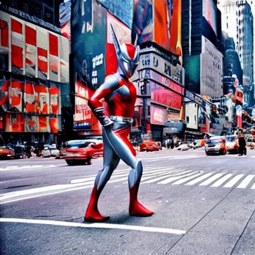 Image similar to giant ultraman walking on new york street!, cinematic,